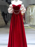 Gorgeous A line Off The Shoulder Velvet Red Prom Dress HZ1022