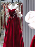 Gorgeous A line Off The Shoulder Velvet Red Prom Dress HZ1022