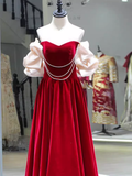 Gorgeous A line Off The Shoulder Velvet Red Prom Dress HZ1022