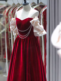 Gorgeous A line Off The Shoulder Velvet Red Prom Dress HZ1022
