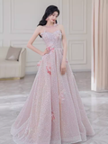 Gorgeous A line High Neckline Sequin Pink Prom Dress HZ1022