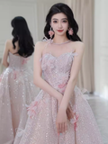 Gorgeous A line High Neckline Sequin Pink Prom Dress HZ1022