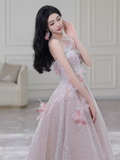 Gorgeous A line High Neckline Sequin Pink Prom Dress HZ1022