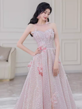 Gorgeous A line High Neckline Sequin Pink Prom Dress HZ1022