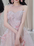 Gorgeous A line High Neckline Sequin Pink Prom Dress HZ1022