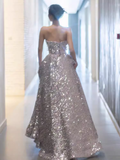 Gorgeous A line Strapless Sequin Silver Prom Dress HZ1022