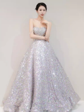 Gorgeous A line Strapless Sequin Silver Prom Dress HZ1022