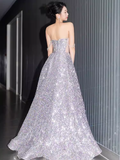 Gorgeous A line Strapless Sequin Silver Prom Dress HZ1022