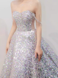 Gorgeous A line Strapless Sequin Silver Prom Dress HZ1022