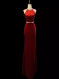 Mermaid Halter Burgundy Long Velvet Prom Dresses HZ1022
