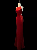 Mermaid Halter Burgundy Long Velvet Prom Dresses HZ1022