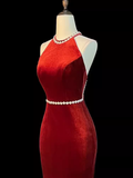 Mermaid Halter Burgundy Long Velvet Prom Dresses HZ1022