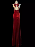 Mermaid Halter Burgundy Long Velvet Prom Dresses HZ1022