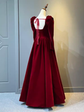 A Line Long Sleeves Red Velvet Prom Dresses HZ1022