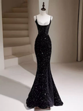 Mermaid Straps Long Black Sequin Prom Dresses HZ1022