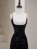 Mermaid Straps Long Black Sequin Prom Dresses HZ1022