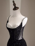 Mermaid Straps Long Black Sequin Prom Dresses HZ1022