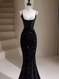 Mermaid Straps Long Black Sequin Prom Dresses HZ1022