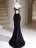 Mermaid Straps Long Black Sequin Prom Dresses HZ1022