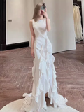 Simple Sheath Long White Prom Dresses HZ1022