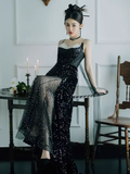 Mermaid Straps Long Black Sequin Slit Prom Dresses HZ1022