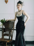 Mermaid Straps Long Black Sequin Slit Prom Dresses HZ1022