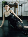 Mermaid Straps Long Black Sequin Slit Prom Dresses HZ1022