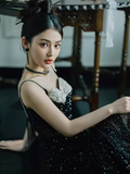 Mermaid Straps Long Black Sequin Slit Prom Dresses HZ1022