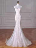 Vintage Mermaid Strapless Long White Lace Wedding Dresses HZ1022