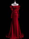 Mermaid Off The Shoulder Burgundy Long Satin Prom Dresses HZ1022
