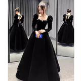 A Line Long Sleeves Black Velvet Prom Dresses HZ1022