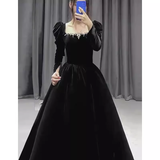 A Line Long Sleeves Black Velvet Prom Dresses HZ1022