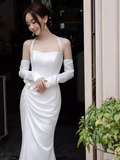 Simple Mermaid Halter Long White Prom Dresses HZ1022