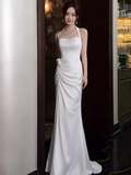 Simple Mermaid Halter Long White Prom Dresses HZ1022