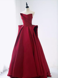 Ball Gown Strapless Burgundy Satin Prom Dresses Evening Dress HZ1022