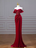 Mermaid Strapless Burgundy Velvet Prom Dresses Evening Dress HZ1022