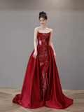 Mermaid Strapless Sequin Red Prom Dresses Long Evening Dress HZ1022
