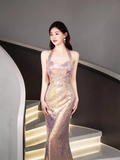 Mermaid Halter Sequin Backless Prom Dresses Evening Dress HZ1022