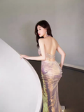 Mermaid Halter Sequin Backless Prom Dresses Evening Dress HZ1022