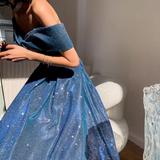 Simple A line Off The Shoulder Blue Prom Dresses Evening Dress HZ1022
