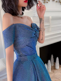 Simple A line Off The Shoulder Blue Prom Dresses Evening Dress HZ1022