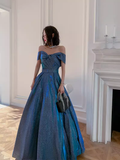 Simple A line Off The Shoulder Blue Prom Dresses Evening Dress HZ1022