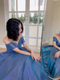 Simple A line Off The Shoulder Blue Prom Dresses Evening Dress HZ1022