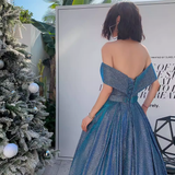 Simple A line Off The Shoulder Blue Prom Dresses Evening Dress HZ1022