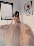 Simple A Line Champagne Tulle Prom Dresses Evening Dress HZ1022