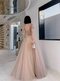 Simple A Line Champagne Tulle Prom Dresses Evening Dress HZ1022