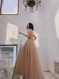 Simple A Line Champagne Tulle Prom Dresses Evening Dress HZ1022