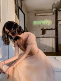 Simple A Line Champagne Tulle Prom Dresses Evening Dress HZ1022