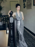 Sexy Mermaid Silver Sequin Prom Dresses Evening Dress HZ1022