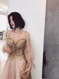 Simple A Line Long Sleeves Champagne Tulle Prom Dresses Evening Dress HZ1022
